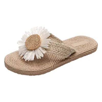 Ethnic Style Imitation Straw Travel Espadrille Women's Sandals, Trbottomy Outer Wear Flip-Flops, Fashionable Beach Flower Flip-Flops for Women