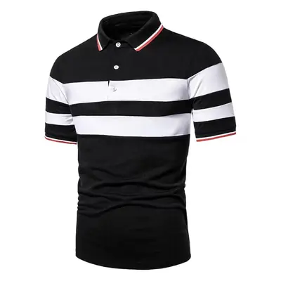 Men's Black Striped Polo Shirt Short Sleeve Casual Wear