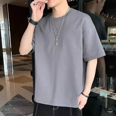 Men Grey T-Shirt 230g Short Sleeve Solid Color