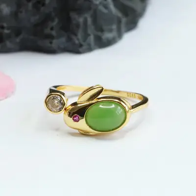 Guan Yu Inlaid Jade Ring Gold Green Green