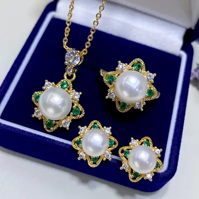 2025 Freshwater Pearl Pendant Ring Earrings Set