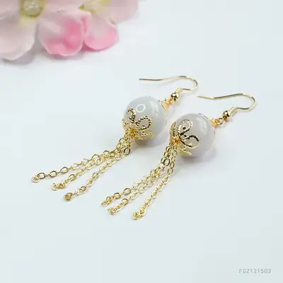 Guan Yu Jade Earrings Round Bead Drop Design Gold