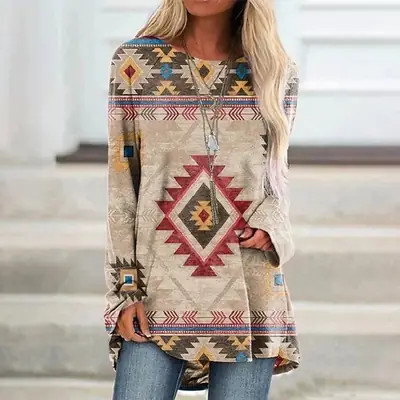 2022 Foreign Trade Cross-border Women's Fashion Loose Round Neck Digital Printing Western Style Long Sleeve Top 5229