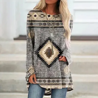 2022 Foreign Trade Cross-border Women's Fashion Loose Round Neck Digital Printing Western Style Long Sleeve Top 5228