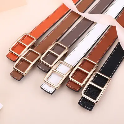 Women's Black Genuine Leather Belt with Square Buckle