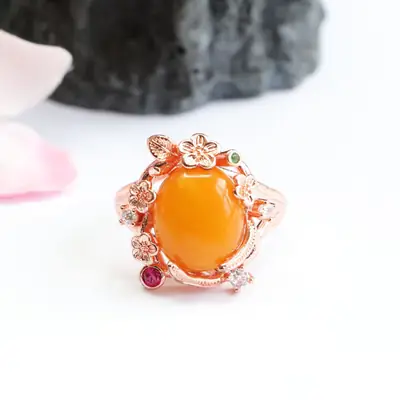 Russian Amber Floral Ring for Women Rose Gold