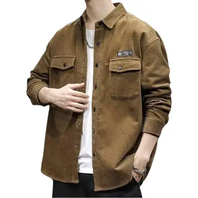 Men's Grey Corduroy Long Sleeve Shirt Spring Autumn