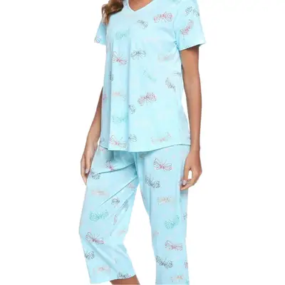 Blue Floral Knitted Pajama Set for Women Plus Size