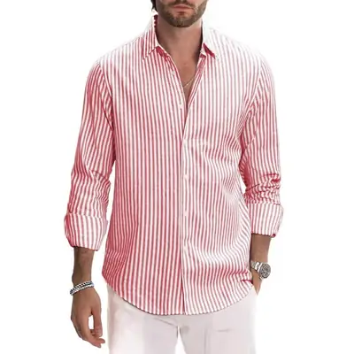 Men's Red White Striped Long Sleeve Shirt