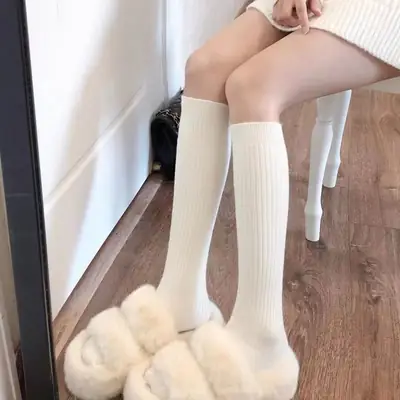 Calf Socks, Autumn and Winter Warm Mid-Length Socks, Preppy Style Slimming Look Stripesd Pile Socks, Pure Color Boot Socks