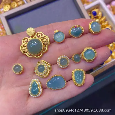 Blue Water Jade Silver Pendant Beads Set S925