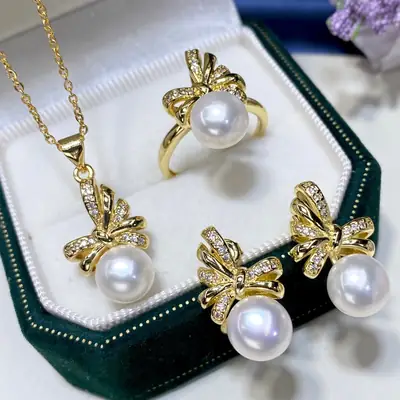 2025 Pearl Pendant Ring Earrings Set 8.5mm Gold
