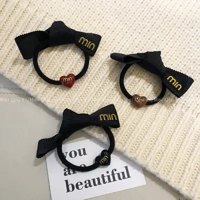 Black Min Logo Hair Rope with Heart Charm