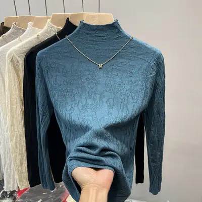 Women's Blue Knitted Semi-High Collar Shirt