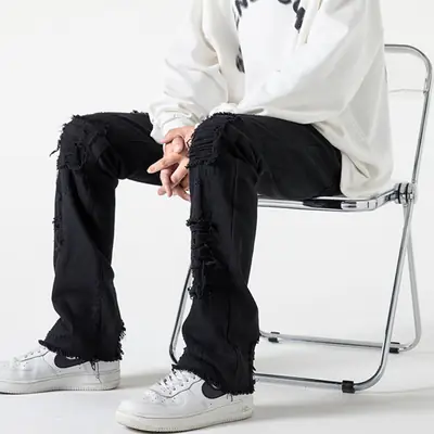 Men's White Frilled Jeans American Style Straight Pants