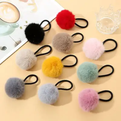 Furry Hair Rings for Girls - Yellow & Beige Plush Accessories