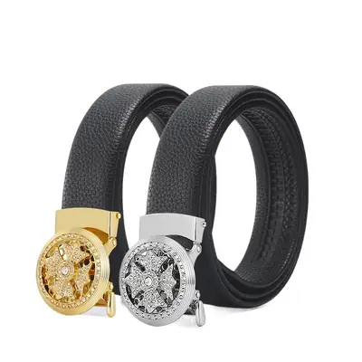 Men's Black Automatic Rotating Buckle Belt with Crystal Dial