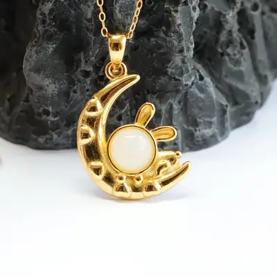 Guan Yu S925 Silver Inlaid Hetian Jade Pendant White Jade Rabbit Moon Necklace