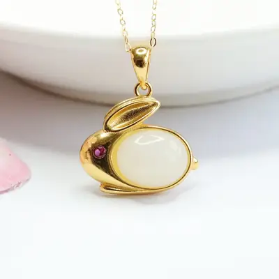 Guan Yu Rabbit Pendant with White Jade & Gold Chain
