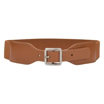 Korean Style Women's Brown Elastic Wide Belt with Square Pin Buckle