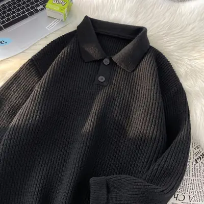 Japanese Retro Polo Collar Sweater Men's Solid Color Oversize 2022