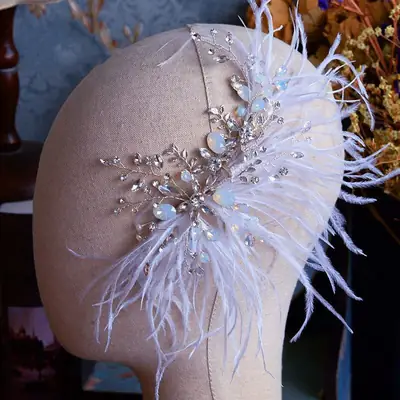 Fairy White Feather Hair Band with Diamond & Pearl Accents