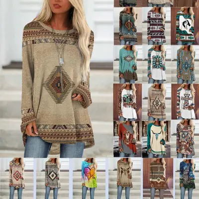 2022 foreign trade cross-border women's clothing fashion loose round neck digital printing Western style long sleeve top 2005