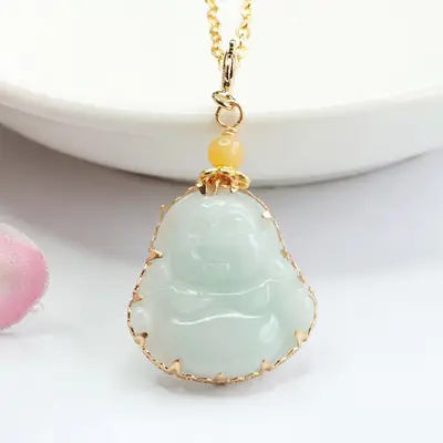 Guan Yu Jadeite Buddha Pendant Necklace Green Gold