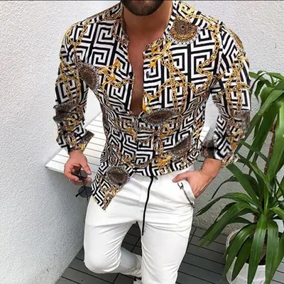 3D Printed Lapel Shirt Blue Black Large Men