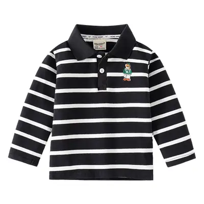 Handmade Black & White Striped Boys Polo Shirt Long Sleeve Spring Outing Casual T-Shirt