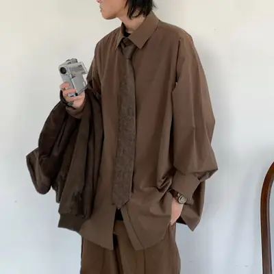 2023 Japanese Retro Long-Sleeve Shirt Brown Unisex Loose Overalls