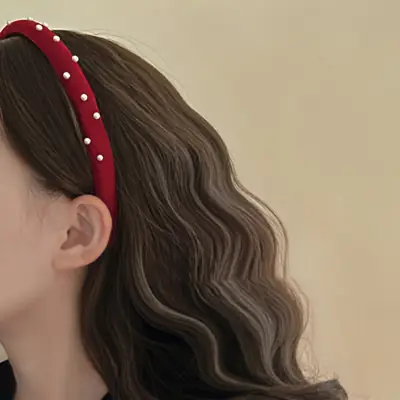 Retro Red Velvet Heart Headband with Pearl Accents