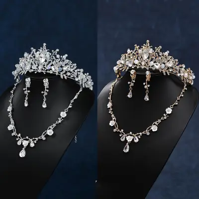 Korean Bridal Jewelry Set with Crown Necklace & Earrings