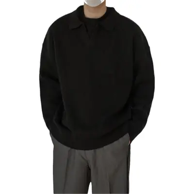 Vintage Collar Polo Shirt Long Sleeve Knit Black