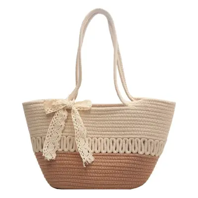 Women's Beige Knitted Hand Tote with Bow