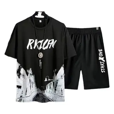 Korean Style Black Graphic Shirt & Shorts Set Plus Size