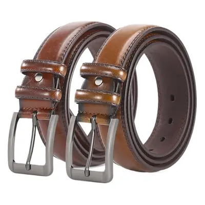 Men's Leather Belt with Double Buckle & Red Strap