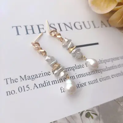 Pearl Earrings Long Design Silver White Baroque
