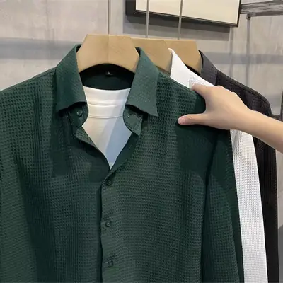 Men's Green Waffle Long Sleeve Shirt 2023
