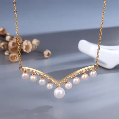 V-Shape Pearl Necklace for Women with Zircon