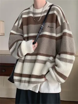 Men Oversize Knitted Sweater Striped Coat Winter