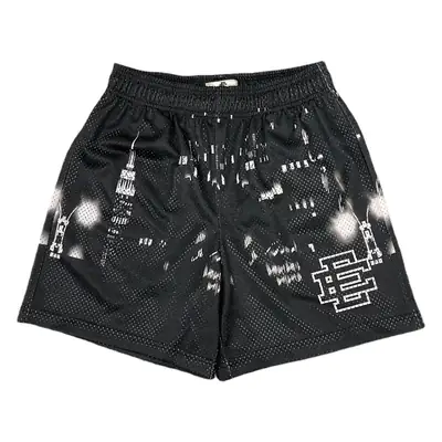 Men Black Mesh City Print Shorts White
