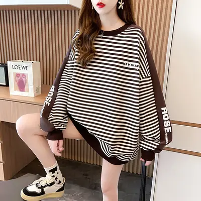 Women's Large Size Contrast Striped Round Neck Sweater