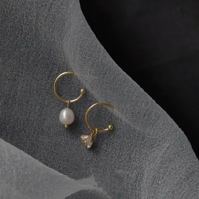 Women Pearl Zircon Flower Earrings Gold Plated