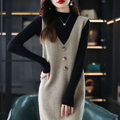 Women Wool Vest Dress V-Neck Sleeveless Long Skirt