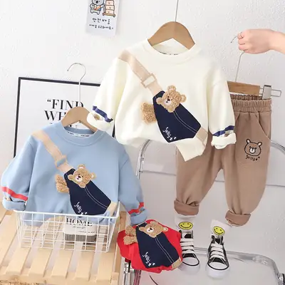 Boys Cartoon T-Shirt Sports Pants Set Light Blue Brown