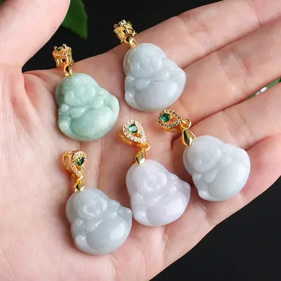 Myanmar Natural Jade Buddha Pendant 14K Gold