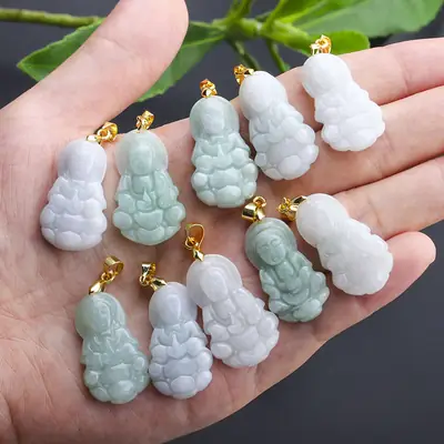 Myanmar Natural Jade Yang Green Guanyin Pendant 14K Gold
