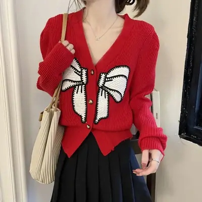 Black Bow Knitted V-Neck Cardigan Women Winter Innerwear