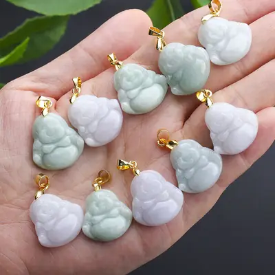 Myanmar Natural Jade Buddha Pendant 14K Gold Necklace Set